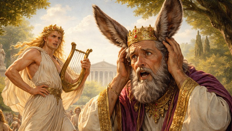 Apollo verwandelt die Ohren des Königs in Eselsohren. Foto mit Hilfe von  ChatGPT erstellt