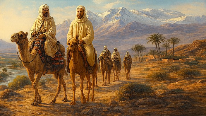 Fiktive Kamelkarawane. Foto mit Hilfe von ChatGPT erstellt