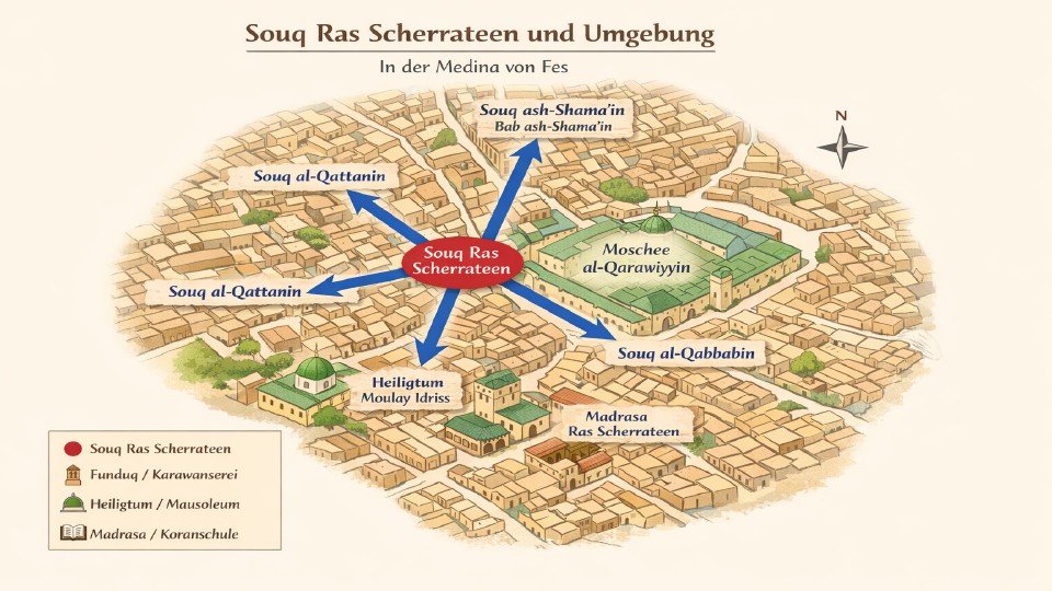 Fes, Medina, Kartenausschnitt mit Hilfe von ChatGPT erstellt