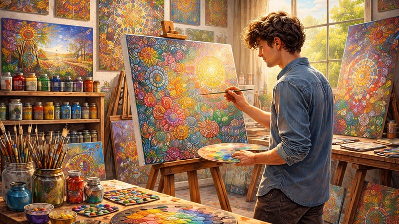 Künstler in seinerm Atelier. Foto mit Hilfe von ChatGPT erstellt