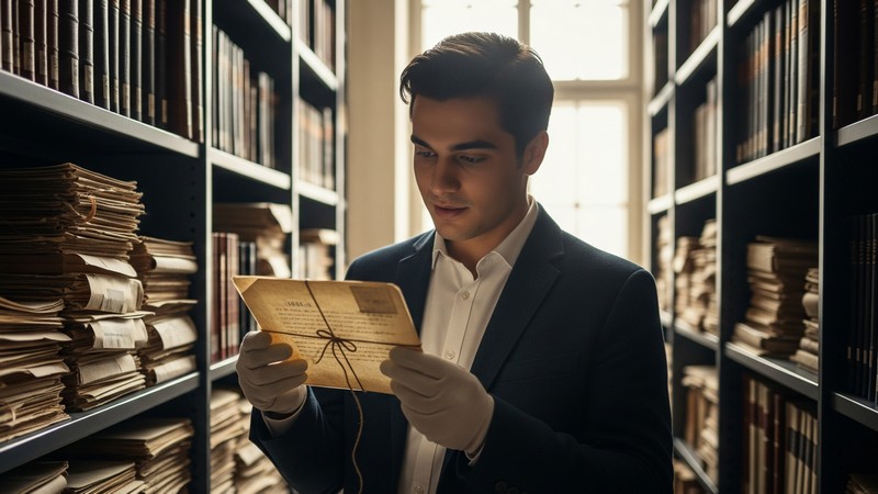Mustafa in einem Archiv. Fiktives Bild mit Hilfe von Gemini erstellt Mustafa in einem Archiv. Fiktives Bild mit Hilfe von Gemini erstellt