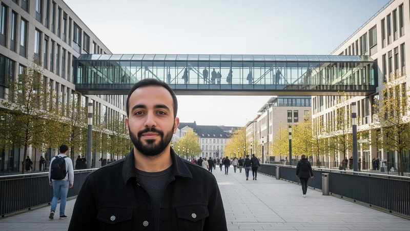 Mustafa steht am glaesernen Uebergang. Fiktives Bild mit Hilfe von Gemini erstellt Mustafa steht am glaesernen Uebergang. Fiktives Bild mit Hilfe von Gemini erstellt