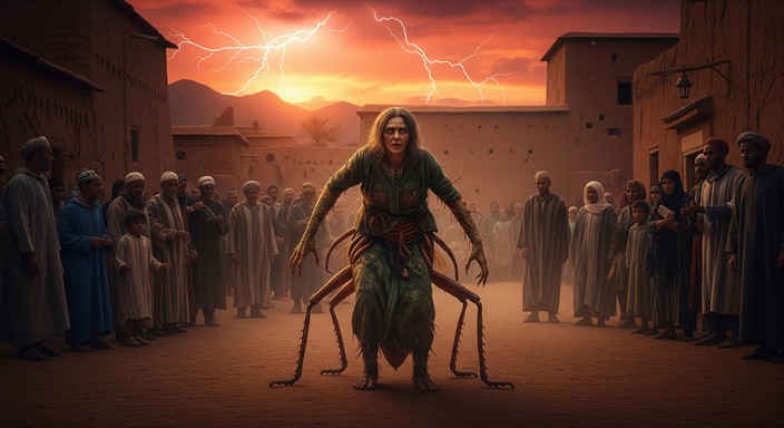 Die Verwandlung der Hexe Aqissa in eine Heuschrecke. Fiktives Bild mit Hilfe von Gemini erstellt Die Verwandlung der Hexe Aqissa in eine Heuschrecke. Fiktives Bild mit Hilfe von Gemini erstellt
