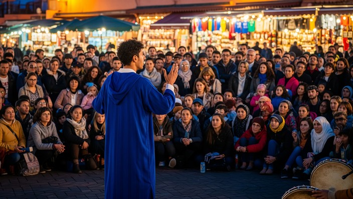 Mustapha in Marrakesch, Jamaa El Fna, erzählt Geschichten aus der Heimat. Fiktives Bild mit Hilfe von Gemini erstellt Mustapha in Marrakesch, Jamaa El Fna, erzählt Geschichten aus der Heimat. Fiktives Bild mit Hilfe von Gemini erstellt