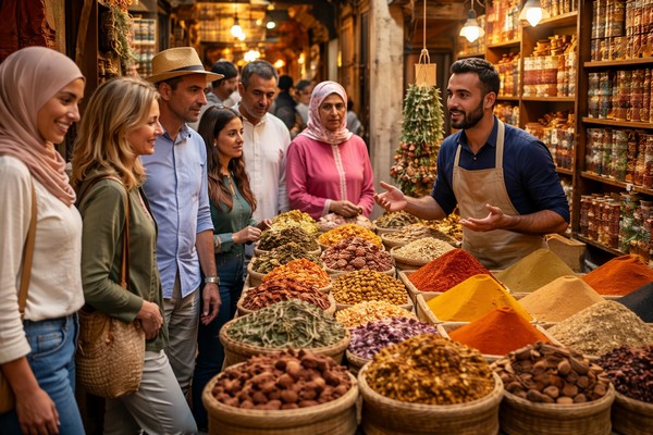 Gewürzhändler erklären ihren Kunden die Kunst der Gewürzmischungen - eine Tradition zwischen Handwerk, Wissen und kulinarischer Kultur. Foto mit Hilfe von ChatGPT erstellt Gewürzhändler erklären ihren Kunden die Kunst der Gewürzmischungen - eine Tradition zwischen Handwerk, Wissen und kulinarischer Kultur. Foto mit Hilfe von ChatGPT erstellt