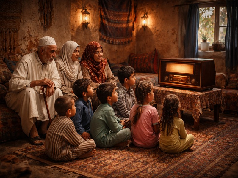 Bauernfamilie hört Radio. Foto mit Hilfe von ChatGPT erstellt