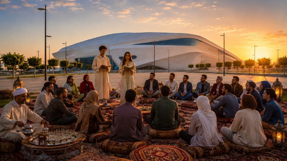 Lesestunde vor der Kulisse des neuen Theaters in Rabat. Foto mit Hilfe von ChatGPT erstellt