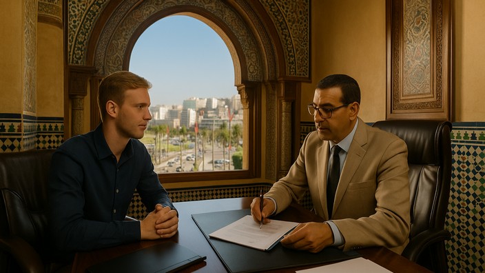 Thomas beim Notar in Tanger. Foto mit Hilfe von ChatGPT erstellt