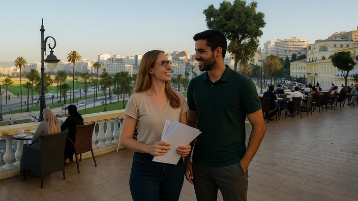 Anna und Youssef in Tanger, Terassencafè am Stadthafen. Foto mit Hilfe von ChatGPT erstellt Anna und Youssef in Tanger, Terassencafè am Stadthafen. Foto mit Hilfe von ChatGPT erstellt