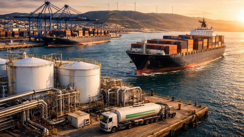 Fiktive Szene einer zukünftigen Schiffstankanlge. Foto mit Hilfe von ChatGPT erstellt