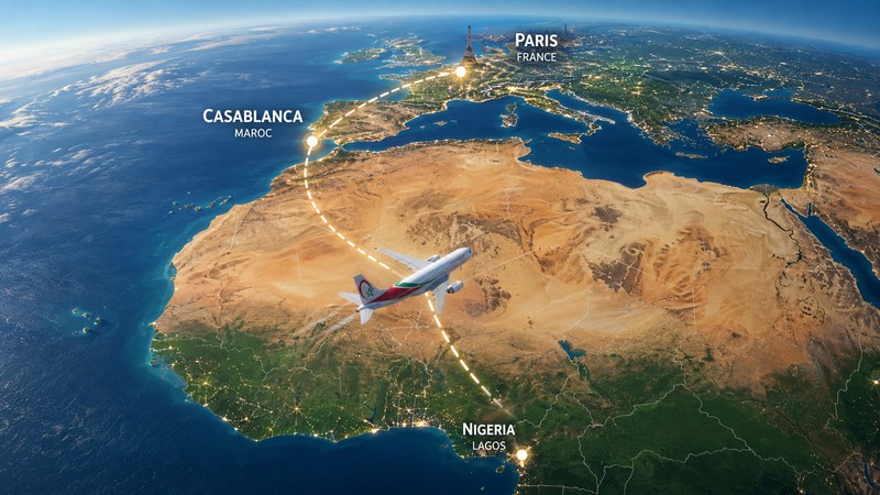 Route Nigeria über Casa nach Paris. Foto mit Hilfe von ChatGPT erstellt
