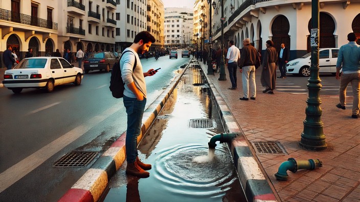 Wasserrohrbruch, Mann meldet den Schaden mittels islah.city an, Foto mit Hilfe von DELL-E erstellt