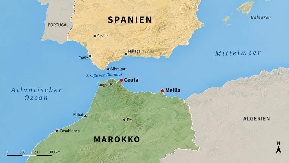 Ceuta und mellila. Karte, Instituto Geografico Nacional, mit Hilfe von ChatGPT erstellt