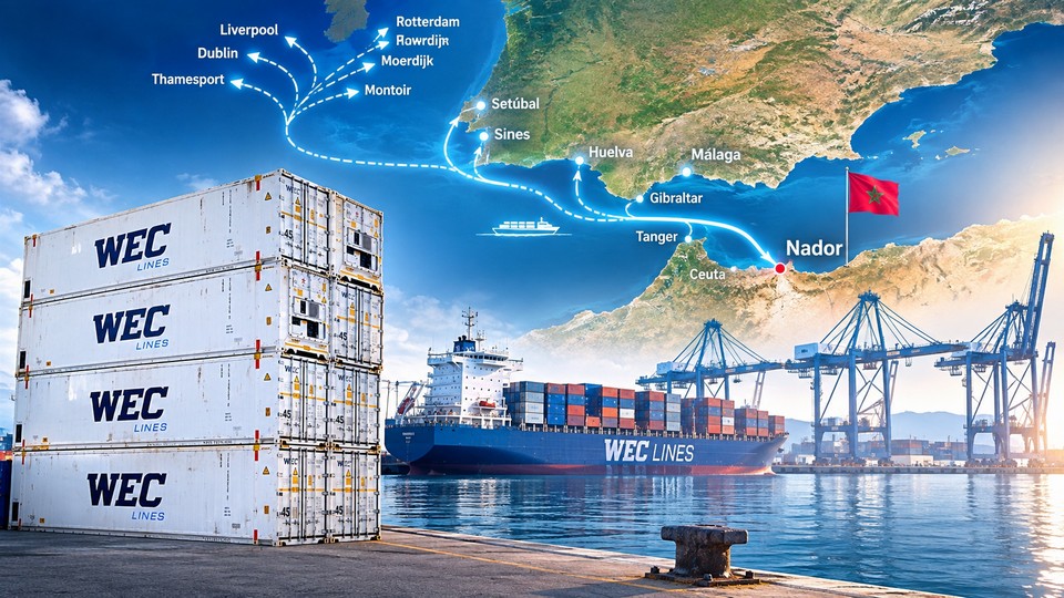 Container und Karte Nord Marokkos. Fotos von WEC Lines und Openstreetmap mit Hilfe von ChatGPT zusammengestellt