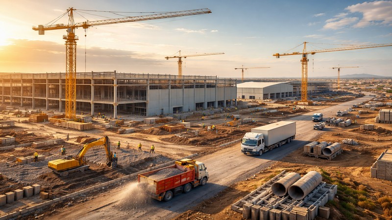 Fiktives Bild (Baustelle Industriezone in der Entstehung) mit Hilfe von ChatGPT erstellt