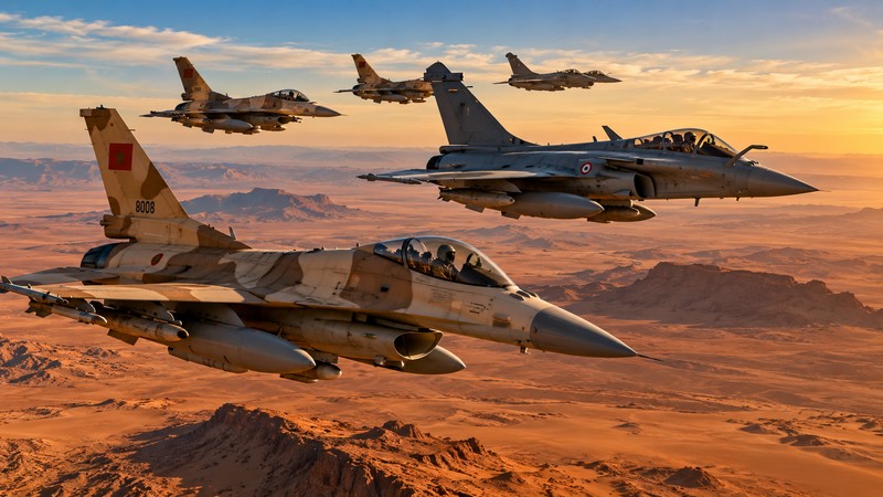 Kampfjetformation über der Wüstenlandschaft. Foto mit Hilfe von ChatGPT erstellt