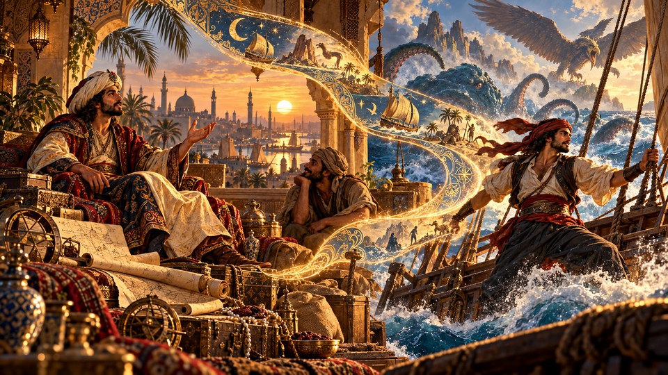 Aus dem Kaufmann Sindbad wird ein Held des Kinos. Die Reise einer Geschichte. Foto mit Hilfe von ChatGPT erstellt Aus dem Kaufmann Sindbad wird ein Held des Kinos. Die Reise einer Geschichte. Foto mit Hilfe von ChatGPT erstellt