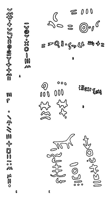 Abbilder gefundener Schriftzeichen am Oued Meskaou aus "Inscriptions Libyco Berberes du Maroc S. 18", Foto: Alain Rodrigue